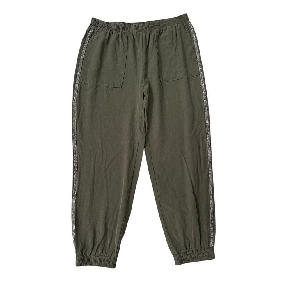 Zara olive green high-rise jogger pants rhinestone tuxedo side stripes sz L